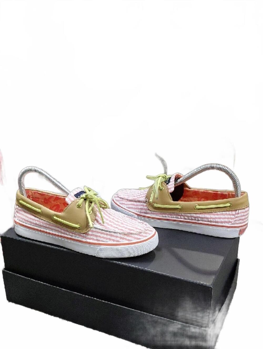 "Sperry" 7M, Pink Striped Boat Shoes with Leather Laces. Look new except soles! - Picture 5 of 9